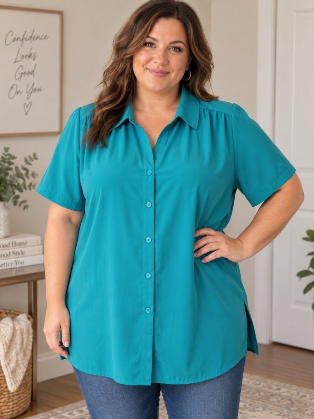 Only Necessities Teal Button Up Tunic Top 1X Short Sleeve Plus Size Blouse